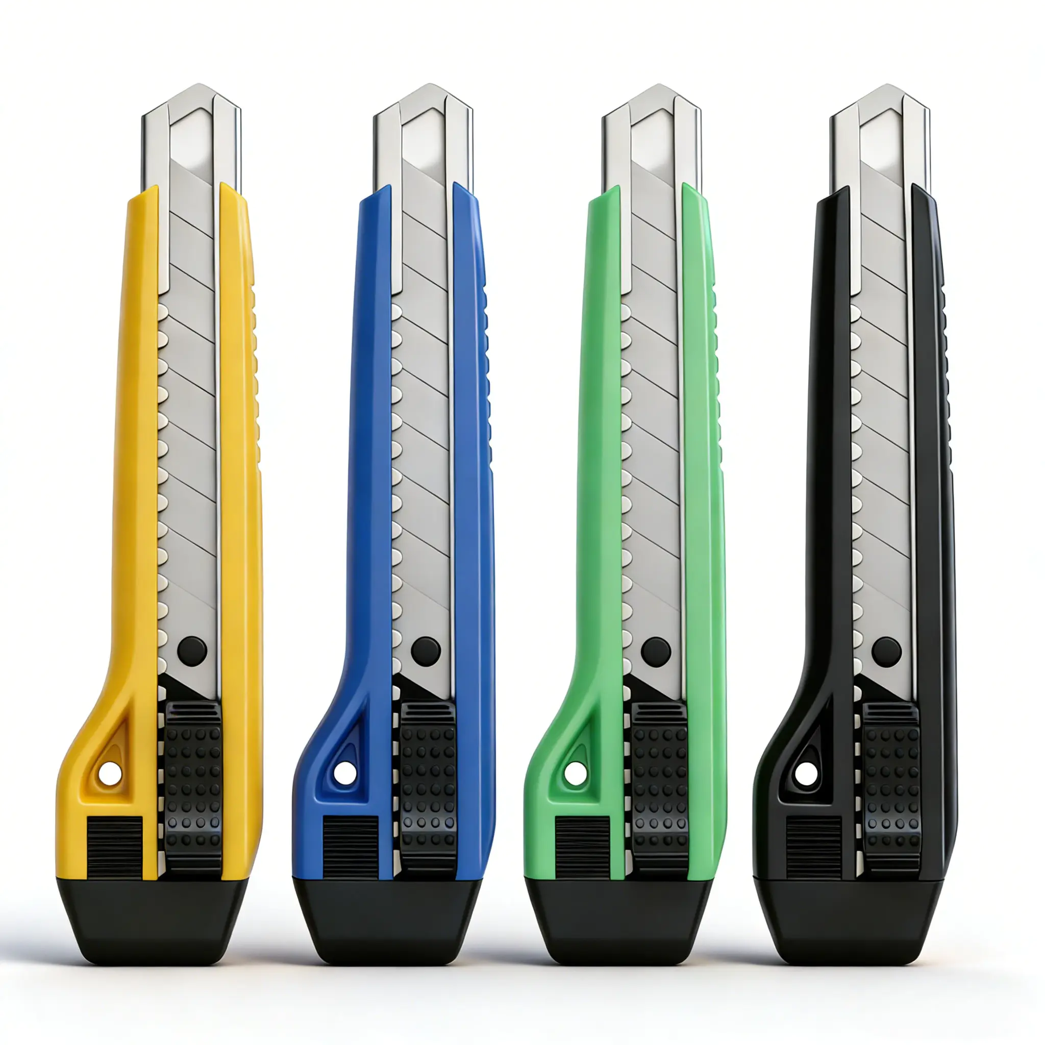 Front and back view of the yellow CX891 18mm Multifunctional Utility Knives showing blade channel, Auto Lock slider and logo panel