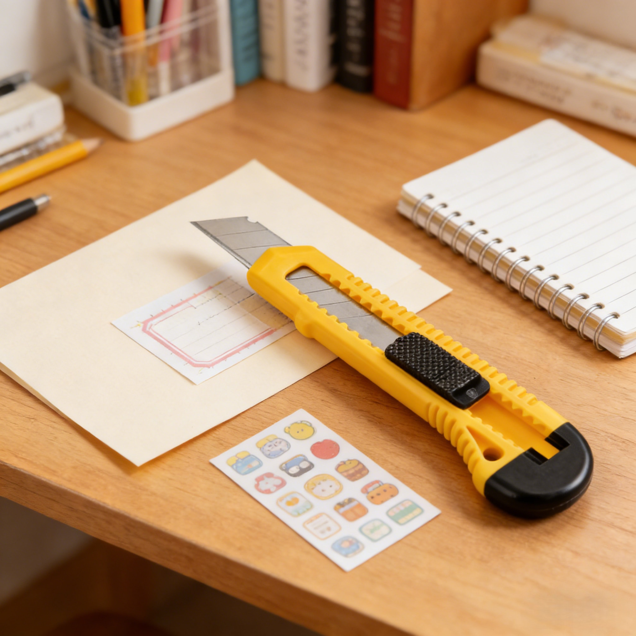 18mm carbon steel blade utility knife in yellow blister packaging on a desk with stationery items